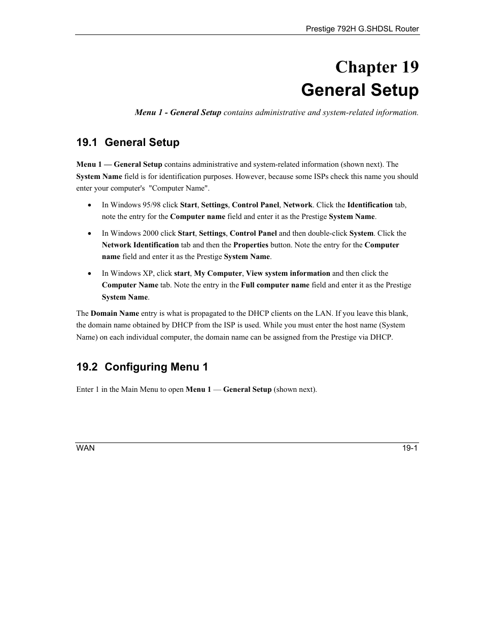 General setup, Configuring menu 1, Chapter 19 general setup | ZyXEL Communications 792H User Manual | Page 245 / 428