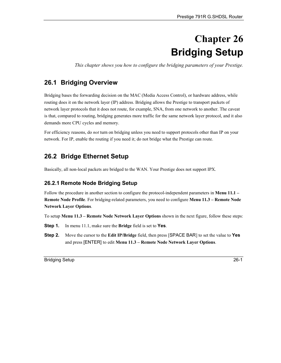 Bridging setup, Bridging overview, Bridge ethernet setup | Chapter 26 bridging setup | ZyXEL Communications 792H User Manual | Page 285 / 428