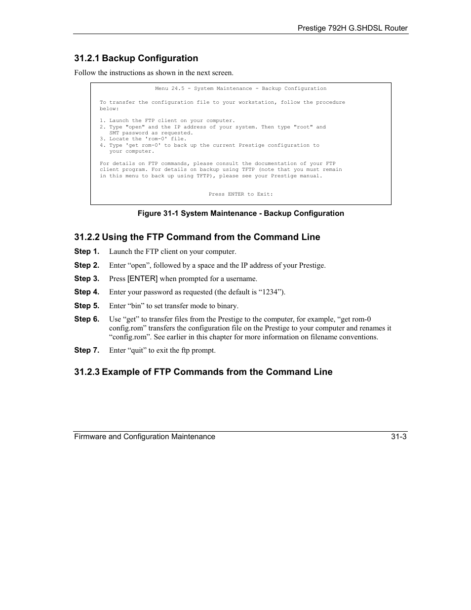 1 backup configuration, 2 using the ftp command from the command line, 3 example of ftp commands from the command line | ZyXEL Communications 792H User Manual | Page 349 / 428