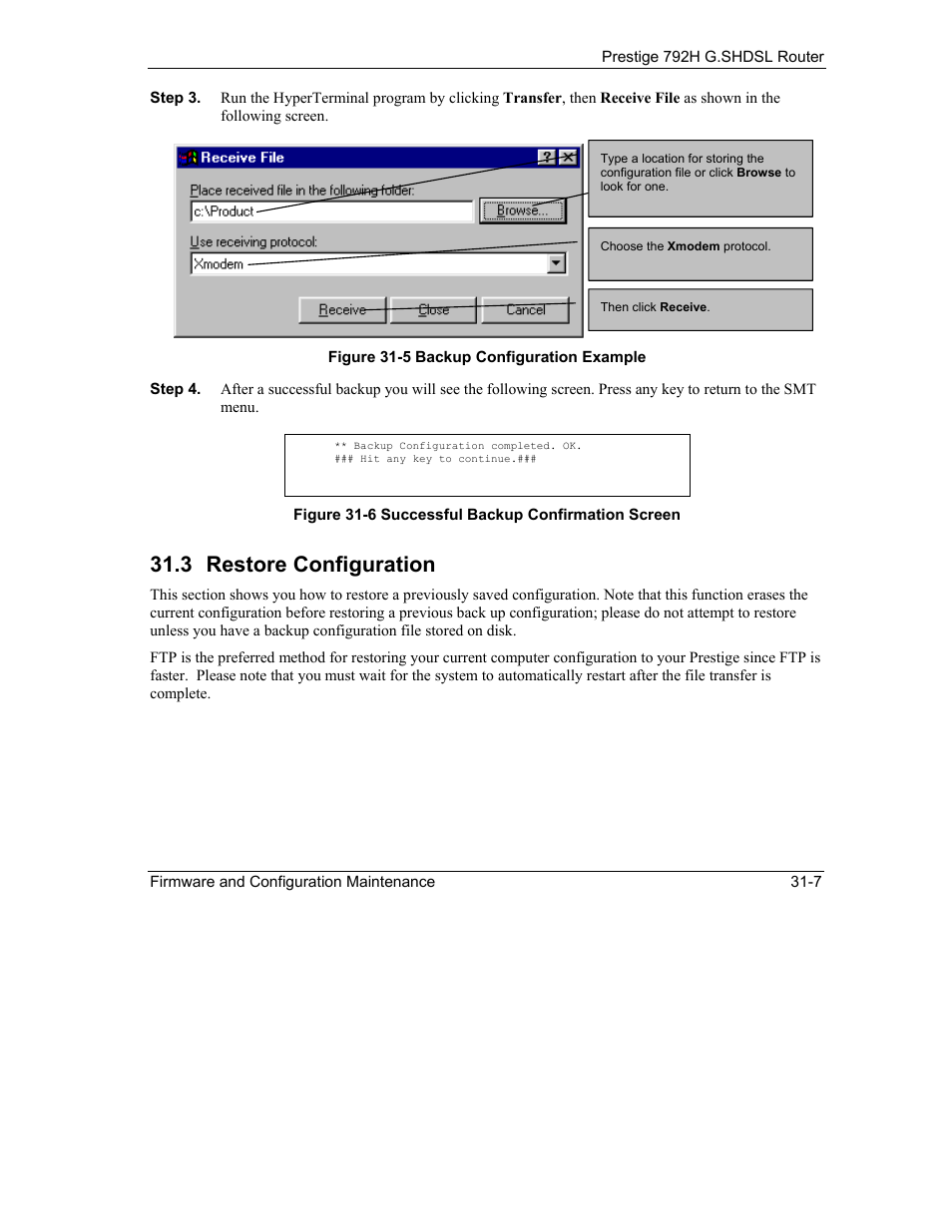 Restore configuration, 3 restore configuration | ZyXEL Communications 792H User Manual | Page 353 / 428
