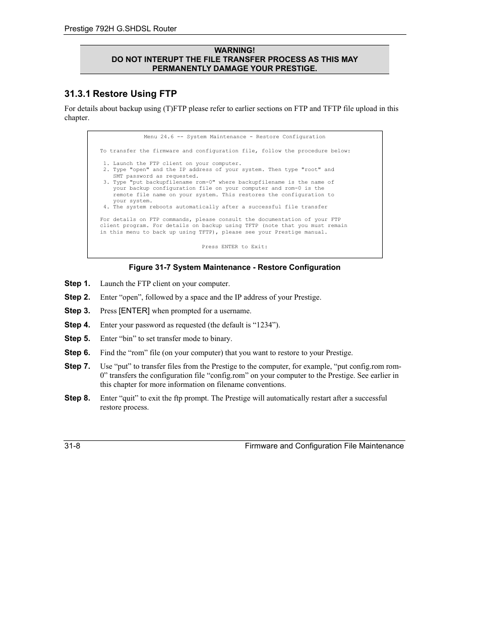 1 restore using ftp | ZyXEL Communications 792H User Manual | Page 354 / 428