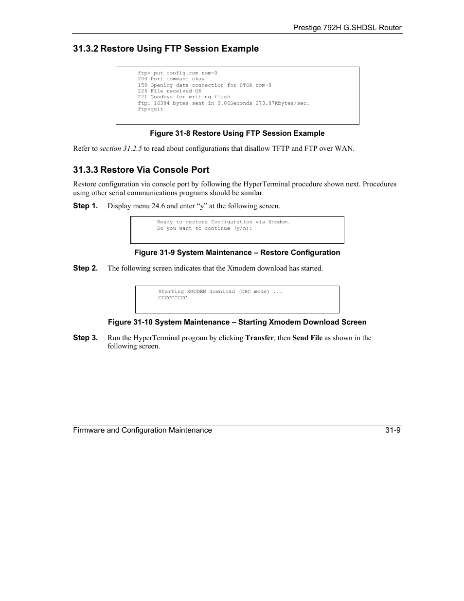 2 restore using ftp session example, 3 restore via console port | ZyXEL Communications 792H User Manual | Page 355 / 428