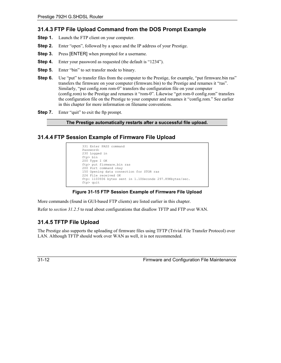 4 ftp session example of firmware file upload, 5 tftp file upload | ZyXEL Communications 792H User Manual | Page 358 / 428