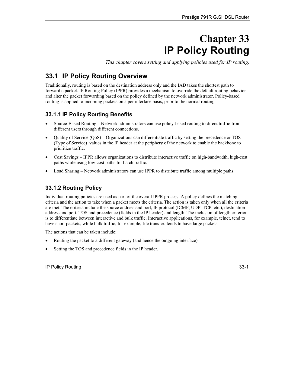 Ip policy routing, Ip policy routing overview, Chapter 33 ip policy routing | 1 ip policy routing overview | ZyXEL Communications 792H User Manual | Page 369 / 428