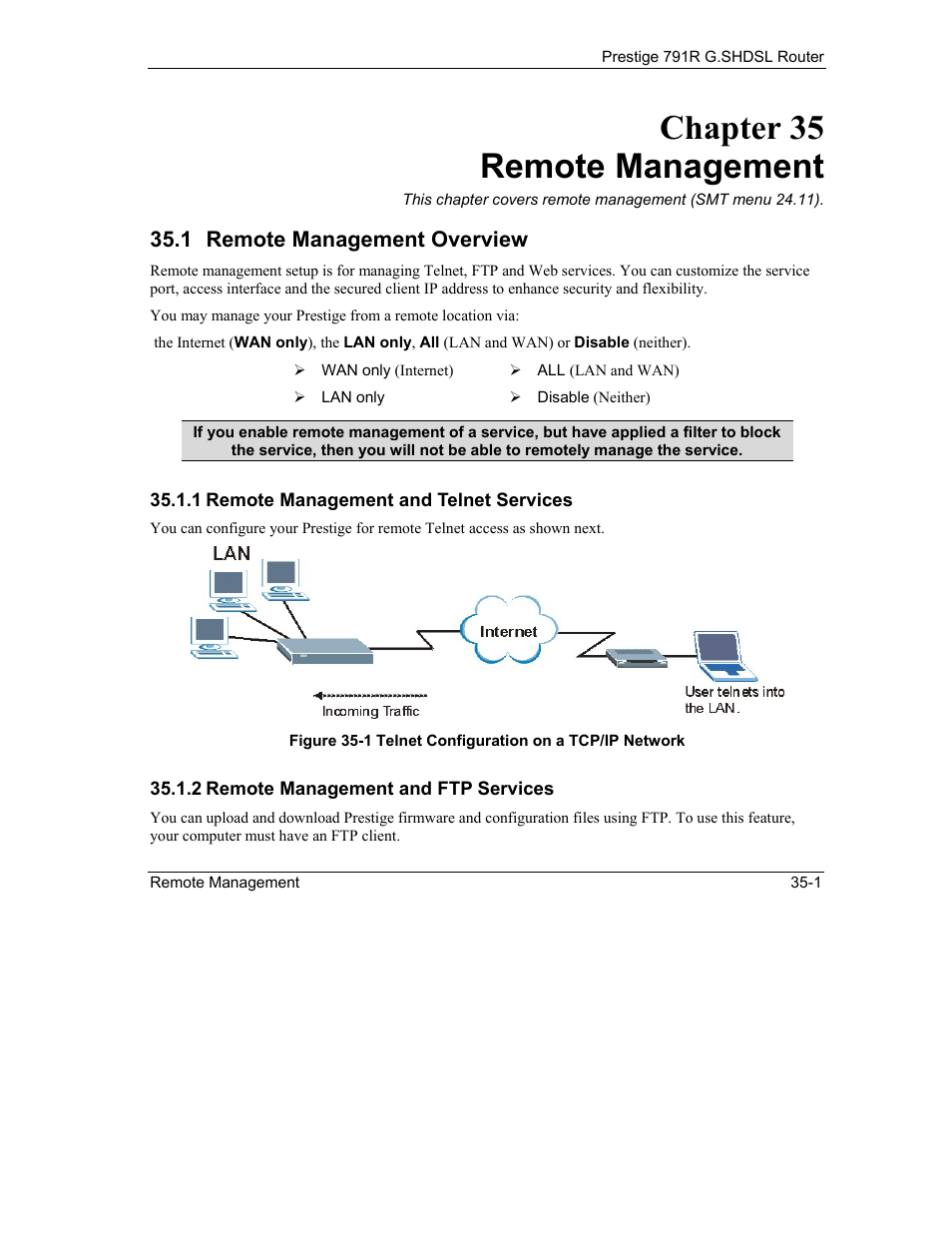 Remote management, Remote management overview, Chapter 35 remote management | 1 remote management overview | ZyXEL Communications 792H User Manual | Page 383 / 428