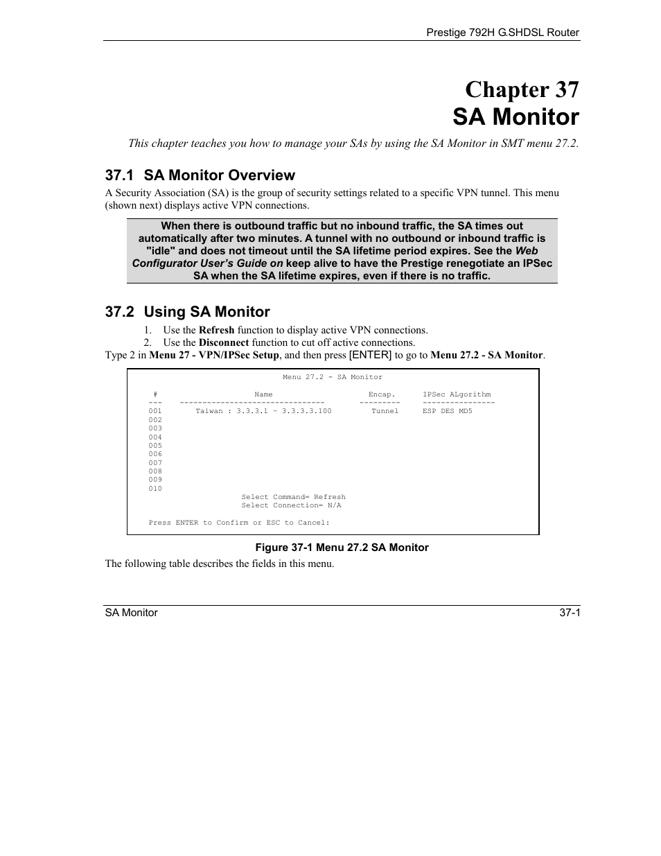 Sa monitor, Sa monitor overview, Using sa monitor | Chapter 37 sa monitor, 1 sa monitor overview, 2 using sa monitor | ZyXEL Communications 792H User Manual | Page 403 / 428