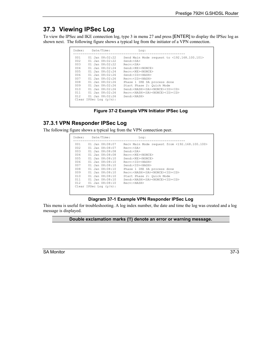 Viewing ipsec log, 3 viewing ipsec log, 1 vpn responder ipsec log | ZyXEL Communications 792H User Manual | Page 405 / 428