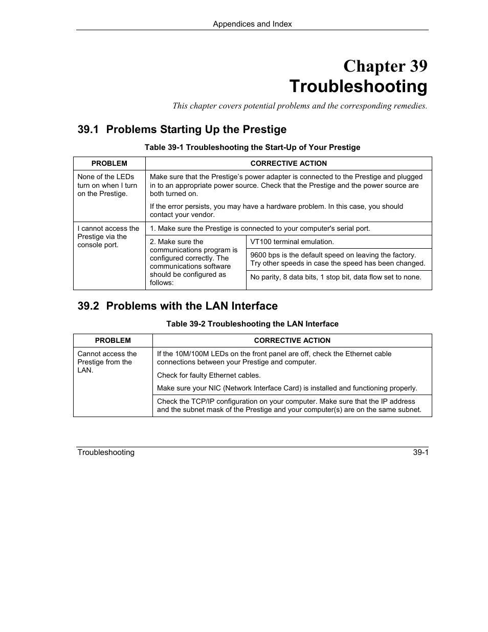 Troubleshooting, Problems starting up the prestige, Problems with the lan interface | Chapter 39 troubleshooting, 1 problems starting up the prestige, 2 problems with the lan interface | ZyXEL Communications 792H User Manual | Page 413 / 428