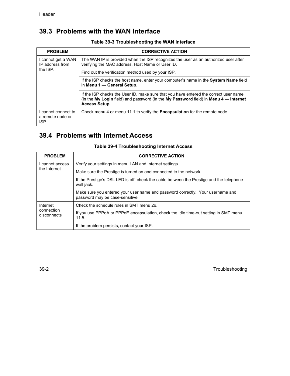 Problems with the wan interface, Problems with internet access, 3 problems with the wan interface | 4 problems with internet access | ZyXEL Communications 792H User Manual | Page 414 / 428