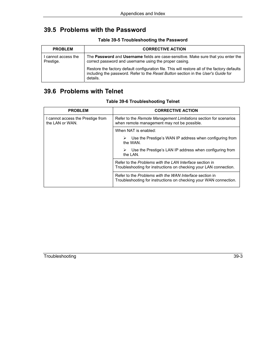 Problems with the password, Problems with telnet, 5 problems with the password | 6 problems with telnet | ZyXEL Communications 792H User Manual | Page 415 / 428