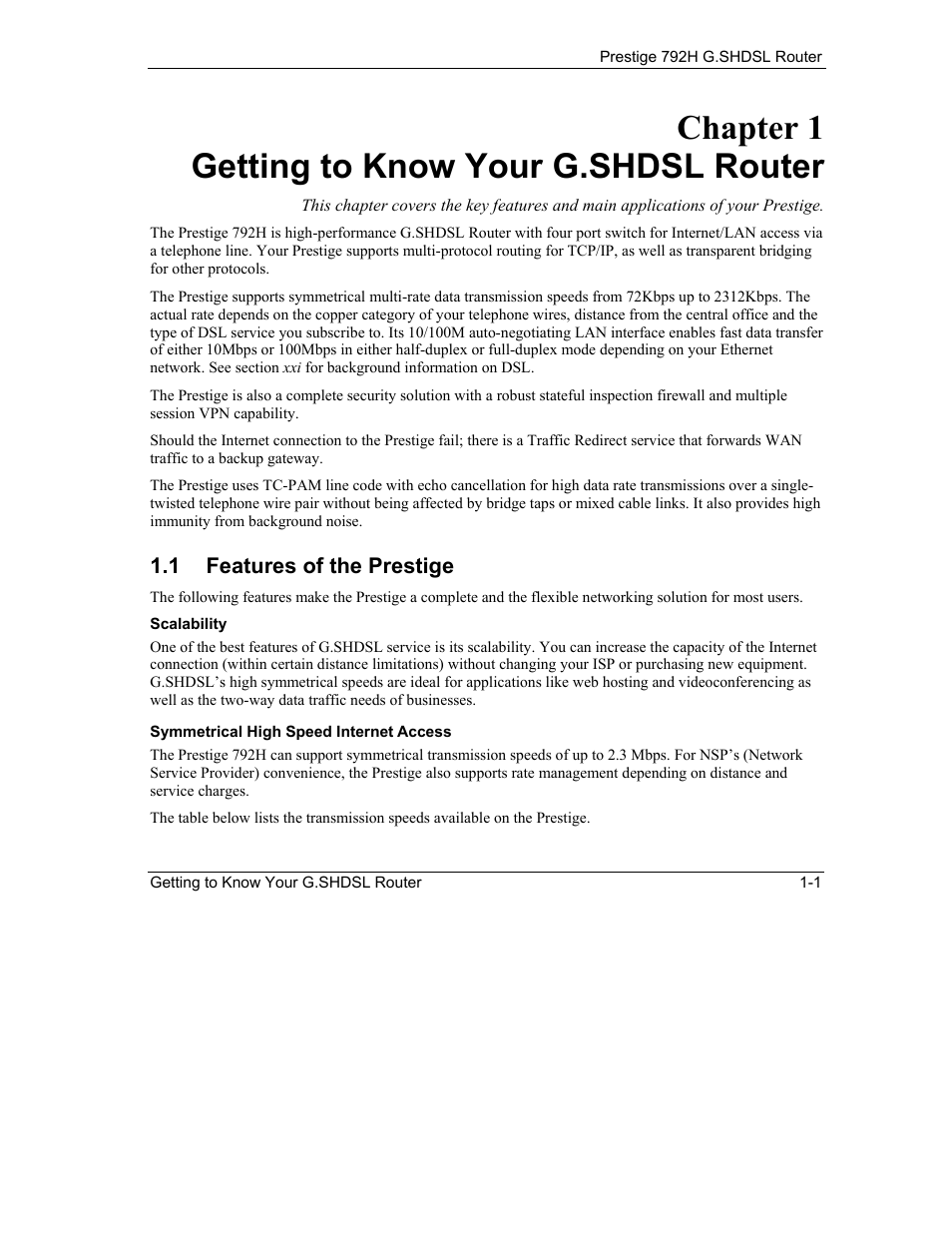 Features of the prestige, Chapter 1 getting to know your g.shdsl router, 1 features of the prestige | ZyXEL Communications 792H User Manual | Page 44 / 428