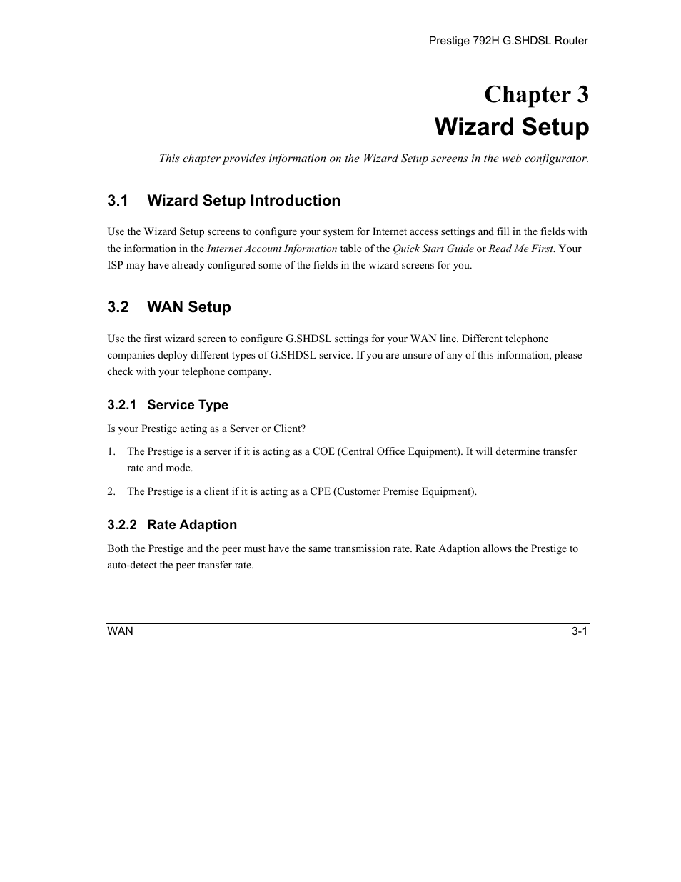 Wizard setup, Wizard setup introduction, Wan setup | Chapter 3 wizard setup | ZyXEL Communications 792H User Manual | Page 55 / 428