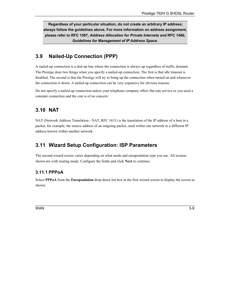 Nailed-up connection (ppp), Wizard setup configuration: isp parameters, 9 nailed-up connection (ppp) | 10 nat, 11 wizard setup configuration: isp parameters | ZyXEL Communications 792H User Manual | Page 63 / 428
