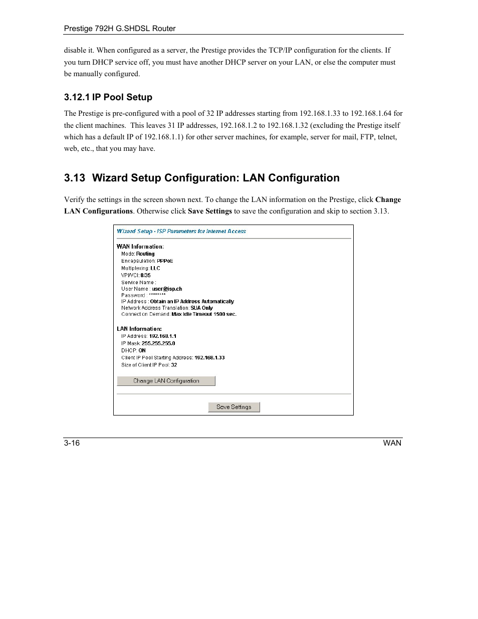 Wizard setup configuration: lan configuration, 13 wizard setup configuration: lan configuration | ZyXEL Communications 792H User Manual | Page 70 / 428