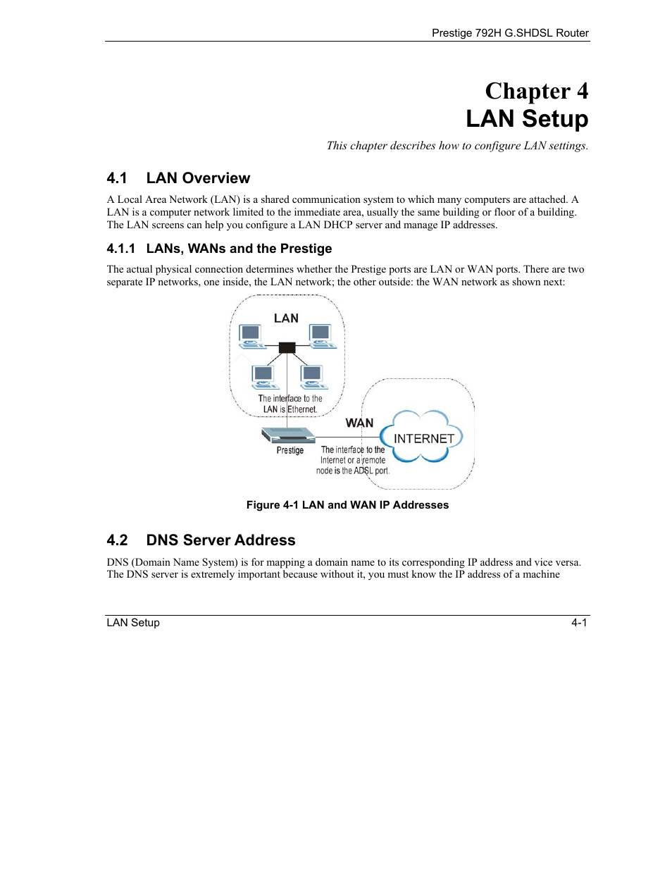 Lan setup, Lan overview, Dns server address | Chapter 4 lan setup | ZyXEL Communications 792H User Manual | Page 75 / 428