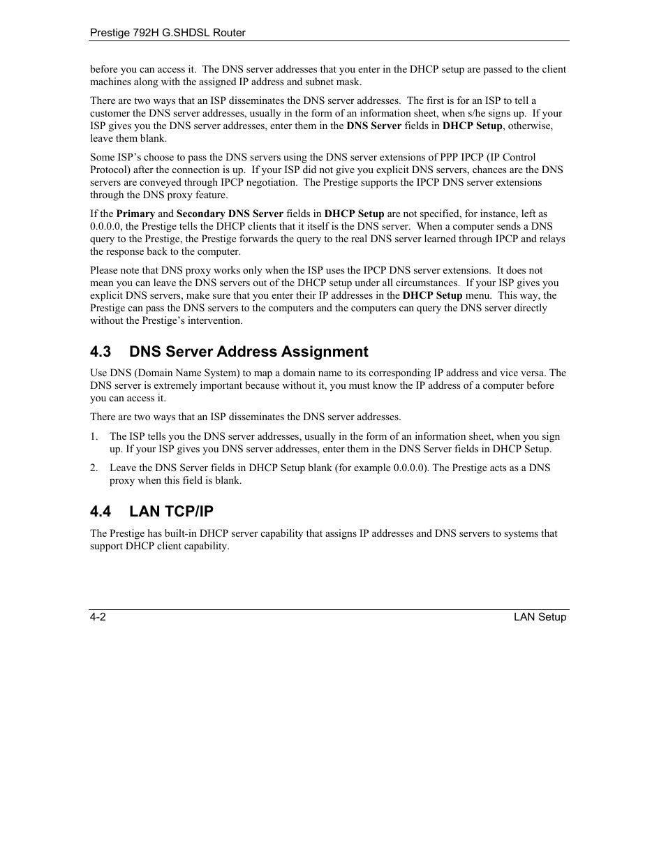 Dns server address assignment, Lan tcp/ip, 3 dns server address assignment | 4 lan tcp/ip | ZyXEL Communications 792H User Manual | Page 76 / 428