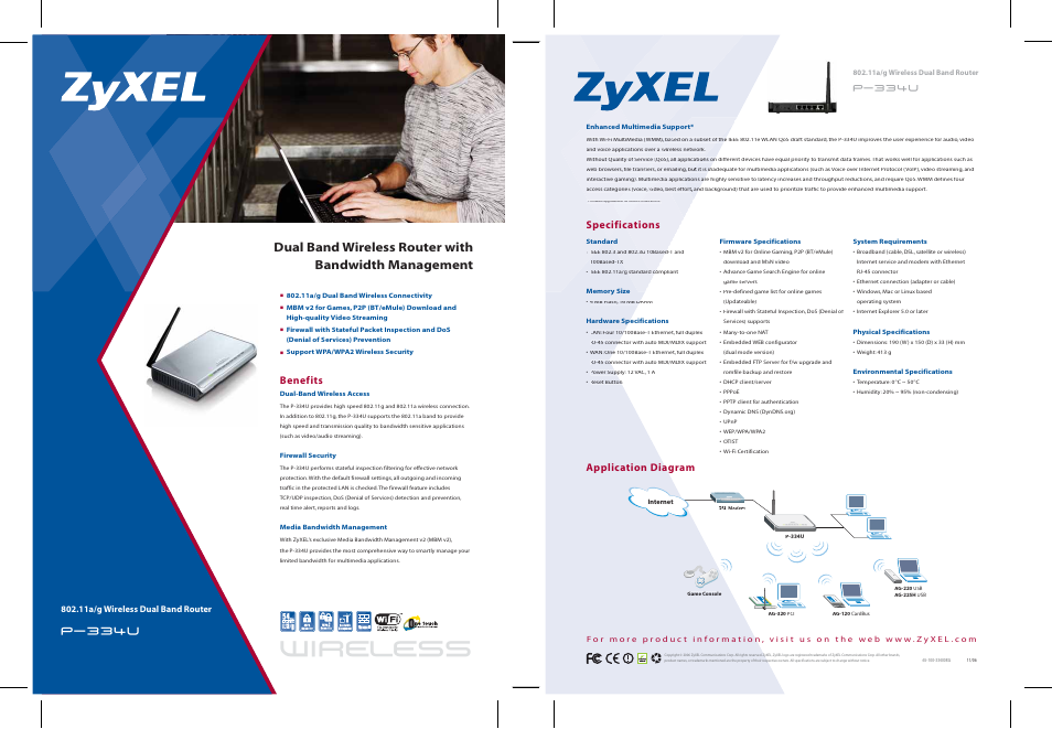 Wireless, Benefits, Specifications | Application diagram | Zyxel P 334U User Manual | Page 2 / 2