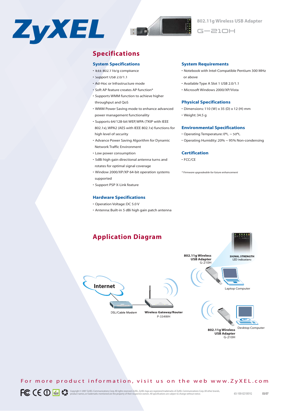 Application diagram specifications, Internet | ZyXEL Communications 802.11G G-210H User Manual | Page 2 / 2