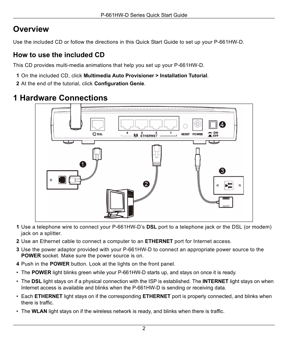 Overview, How to use the included cd, 1 hardware connections | ZyXEL Communications P-661HW-D User Manual | Page 2 / 6