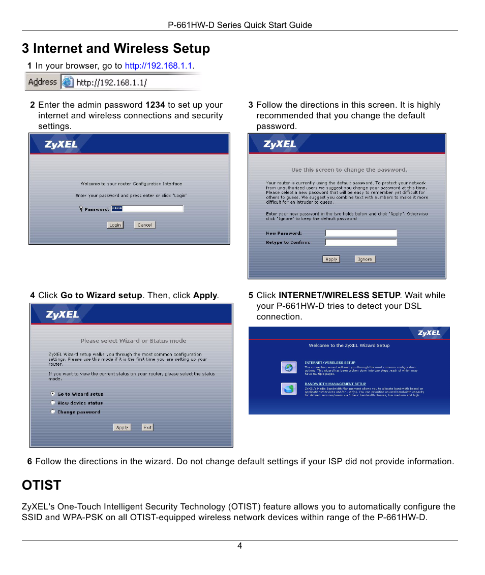 3 internet and wireless setup, Otist | ZyXEL Communications P-661HW-D User Manual | Page 4 / 6