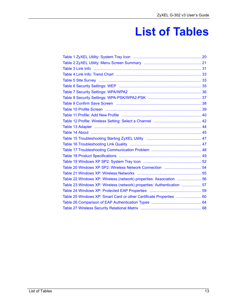 List of tables | ZyXEL Communications G-302 User Manual | Page 13 / 71