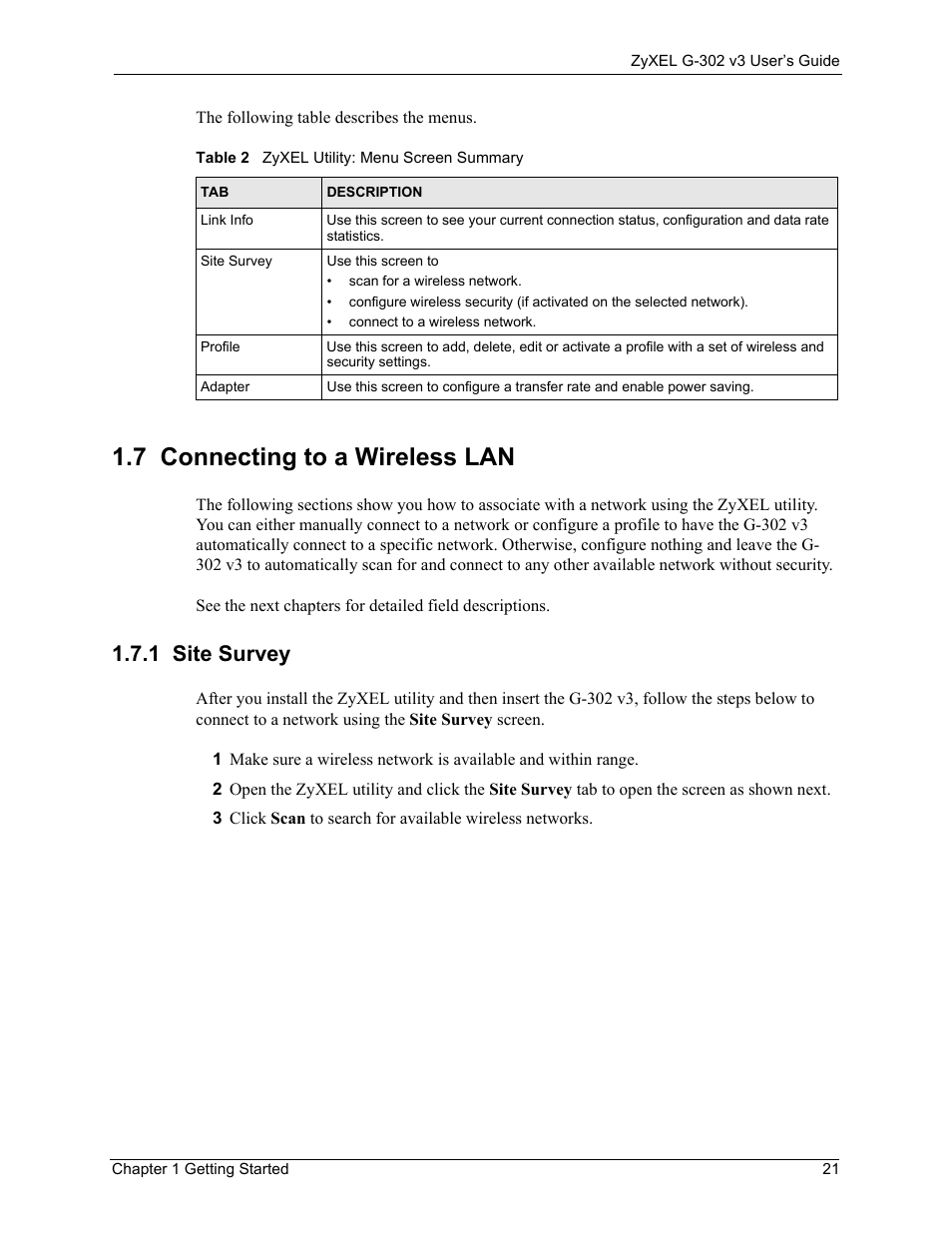 1 site survey, 7 connecting to a wireless lan, Table 2 zyxel utility: menu screen summary | ZyXEL Communications G-302 User Manual | Page 21 / 71