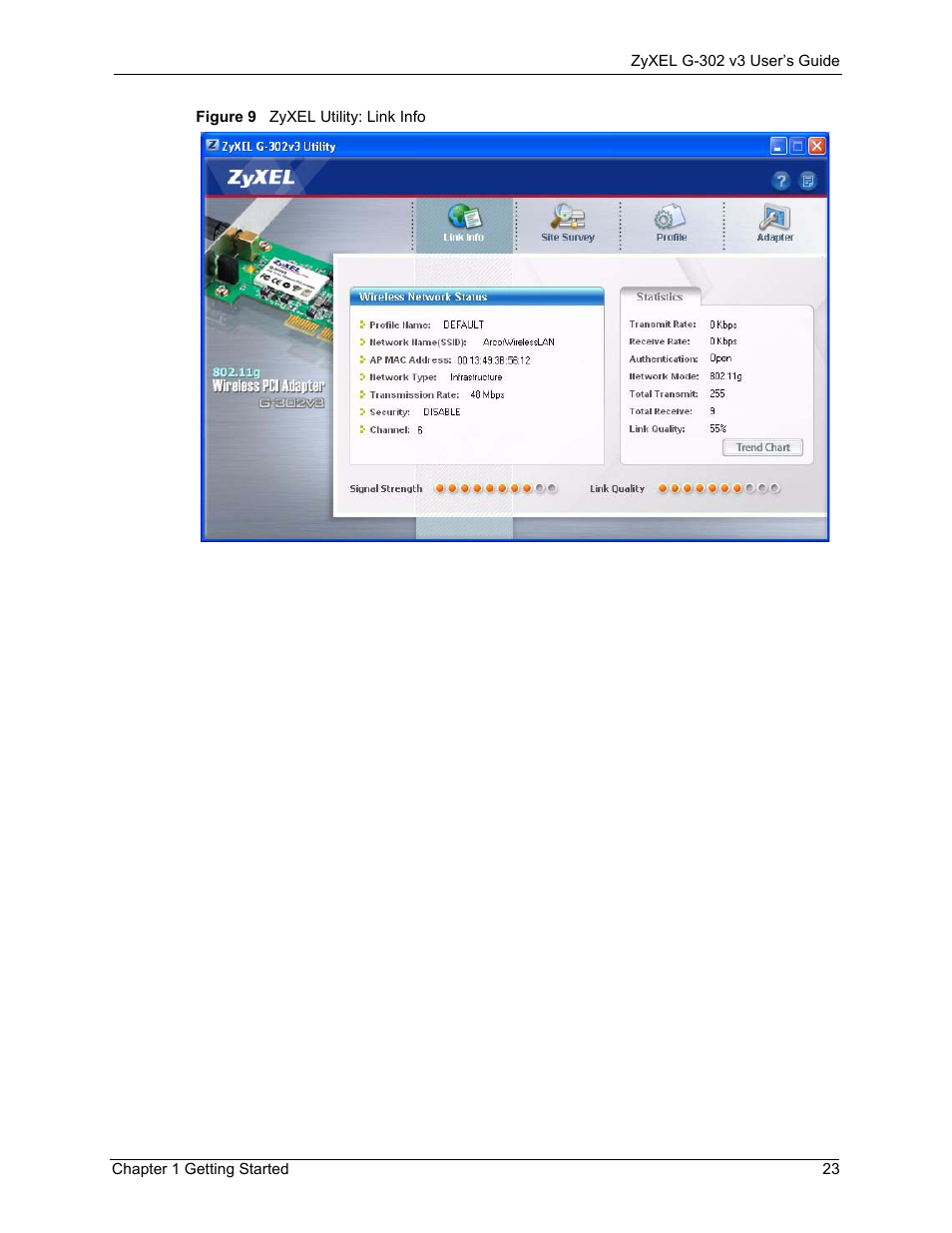 Figure 9 zyxel utility: link info | ZyXEL Communications G-302 User Manual | Page 23 / 71