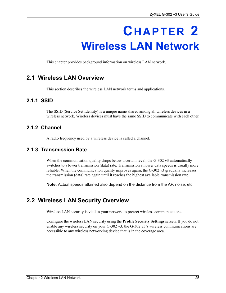 Wireless lan network, 1 ssid, 2 channel | 3 transmission rate, Chapter 2 wireless lan network, 1 wireless lan overview, 1 ssid 2.1.2 channel 2.1.3 transmission rate, 2 wireless lan security overview | ZyXEL Communications G-302 User Manual | Page 25 / 71