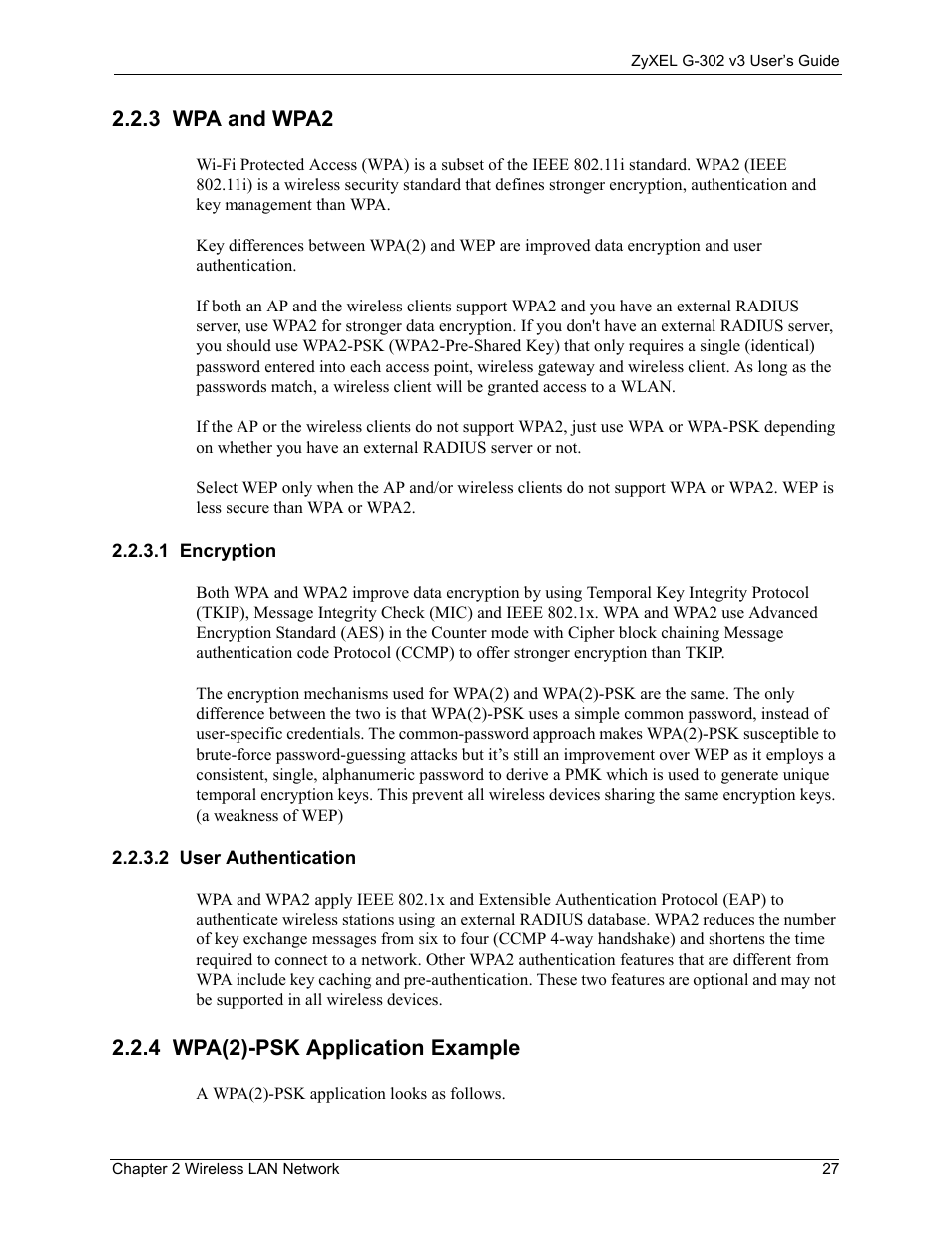 3 wpa and wpa2, 1 encryption, 2 user authentication | 4 wpa(2)-psk application example, 1 encryption 2.2.3.2 user authentication | ZyXEL Communications G-302 User Manual | Page 27 / 71