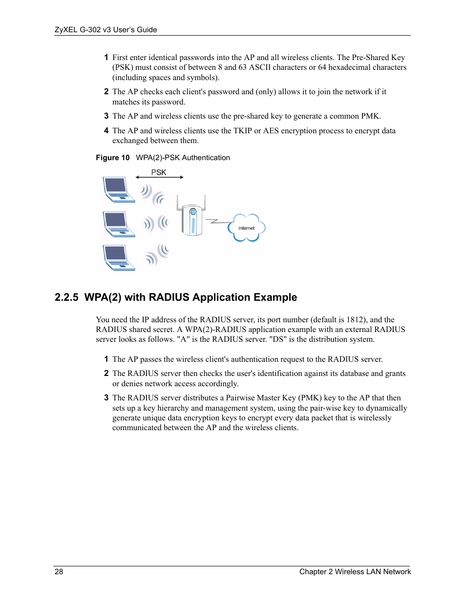 5 wpa(2) with radius application example, Figure 10 wpa(2)-psk authentication | ZyXEL Communications G-302 User Manual | Page 28 / 71