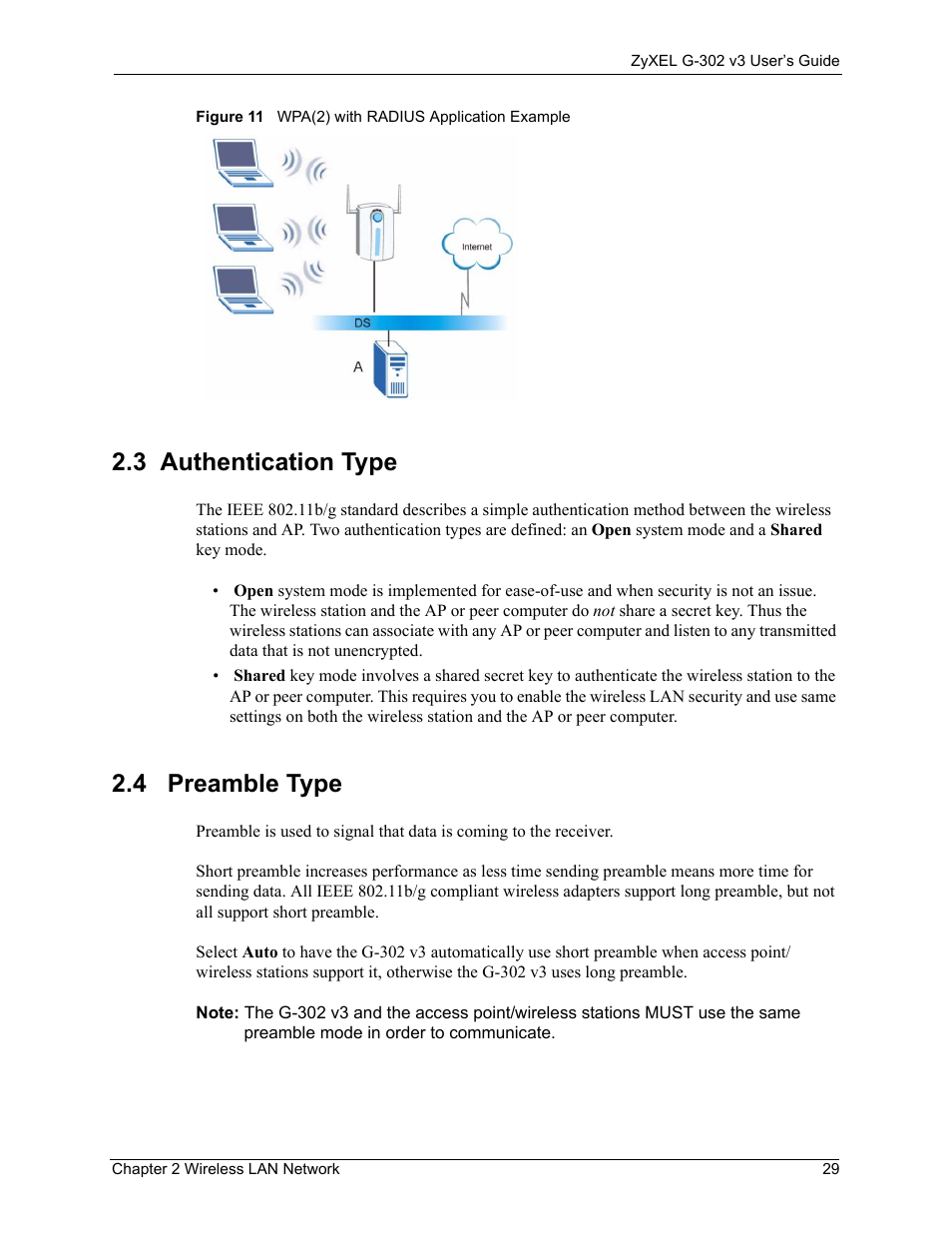 3 authentication type, 4 preamble type, 3 authentication type 2.4 preamble type | Figure 11 wpa(2) with radius application example | ZyXEL Communications G-302 User Manual | Page 29 / 71