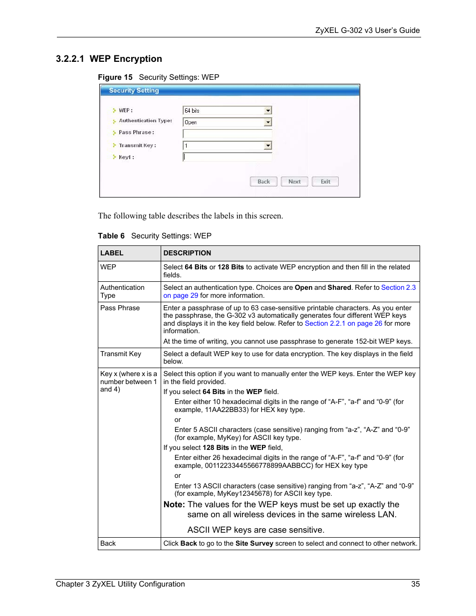 1 wep encryption, Figure 15 security settings: wep, Table 6 security settings: wep | ZyXEL Communications G-302 User Manual | Page 35 / 71