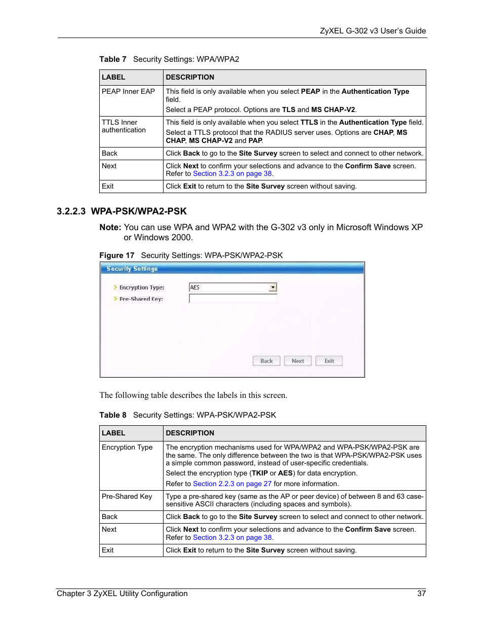 3 wpa-psk/wpa2-psk, Figure 17 security settings: wpa-psk/wpa2-psk, Table 8 security settings: wpa-psk/wpa2-psk | ZyXEL Communications G-302 User Manual | Page 37 / 71