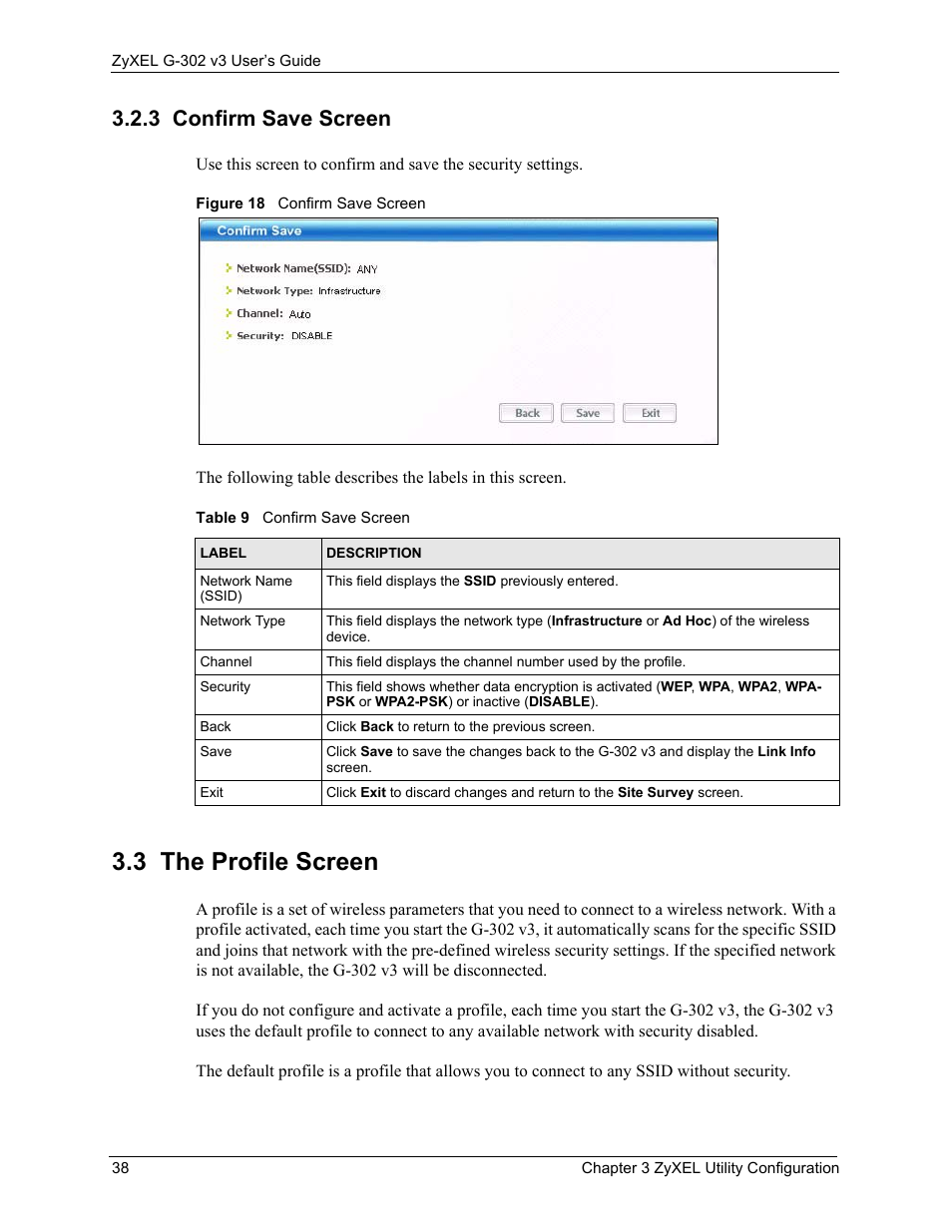 3 confirm save screen, 3 the profile screen, Figure 18 confirm save screen | Table 9 confirm save screen | ZyXEL Communications G-302 User Manual | Page 38 / 71