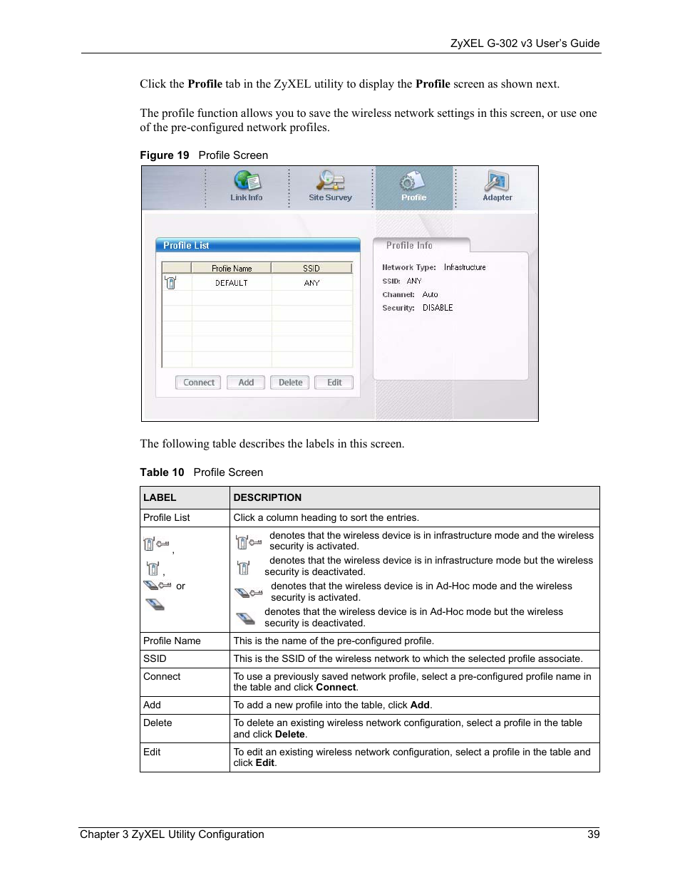 Figure 19 profile screen, Table 10 profile screen | ZyXEL Communications G-302 User Manual | Page 39 / 71