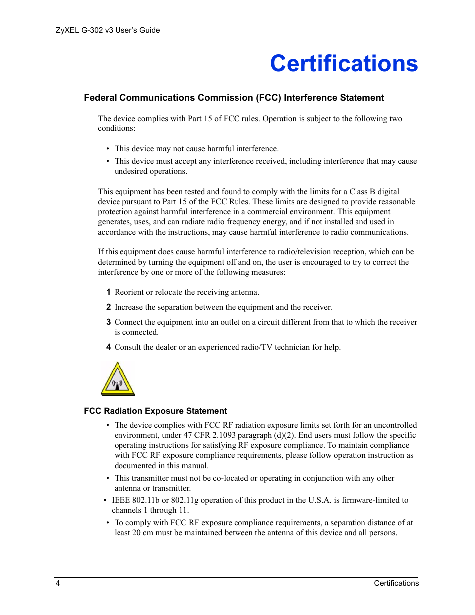 Certifications | ZyXEL Communications G-302 User Manual | Page 4 / 71