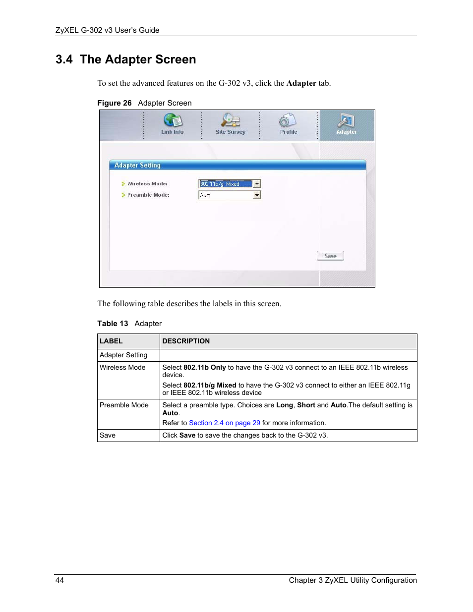 4 the adapter screen, Figure 26 adapter screen, Table 13 adapter | ZyXEL Communications G-302 User Manual | Page 44 / 71