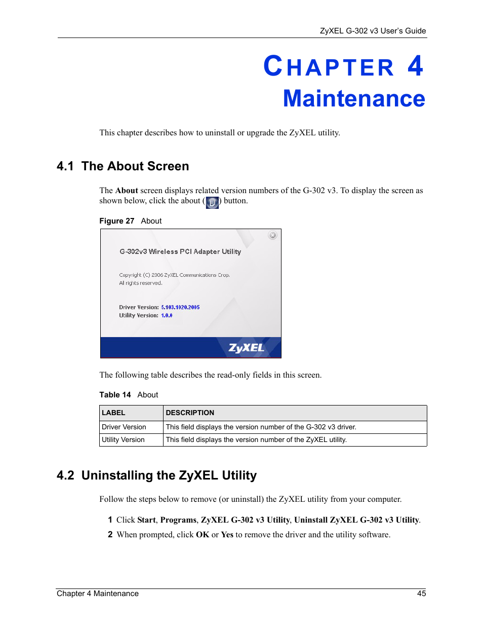 Maintenance, Chapter 4 maintenance, Figure 27 about | Table 14 about | ZyXEL Communications G-302 User Manual | Page 45 / 71