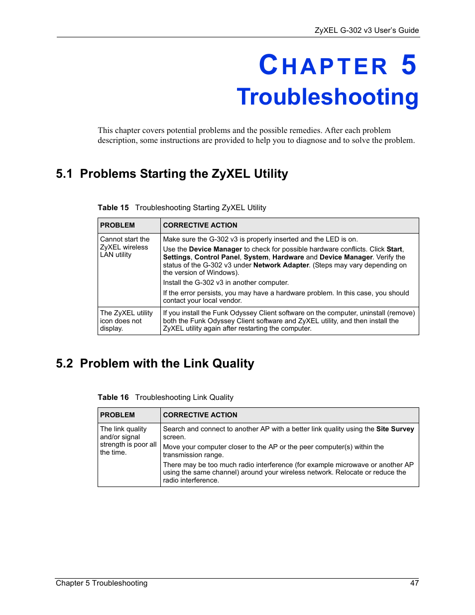 Troubleshooting, 1 problems starting the zyxel utility, 2 problem with the link quality | Chapter 5 troubleshooting | ZyXEL Communications G-302 User Manual | Page 47 / 71