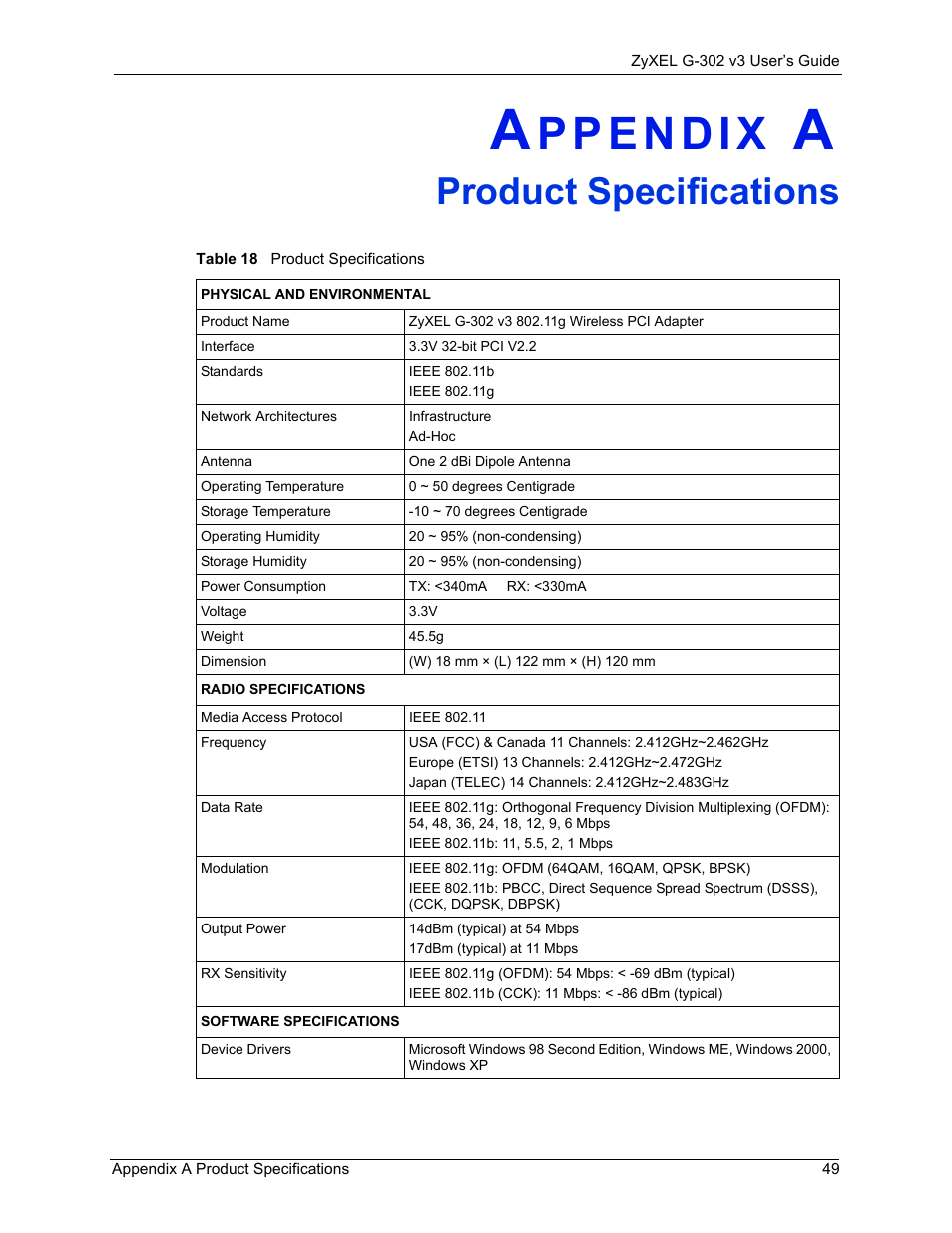 Product specifications, Appendix a product specifications, Table 18 product specifications | ZyXEL Communications G-302 User Manual | Page 49 / 71