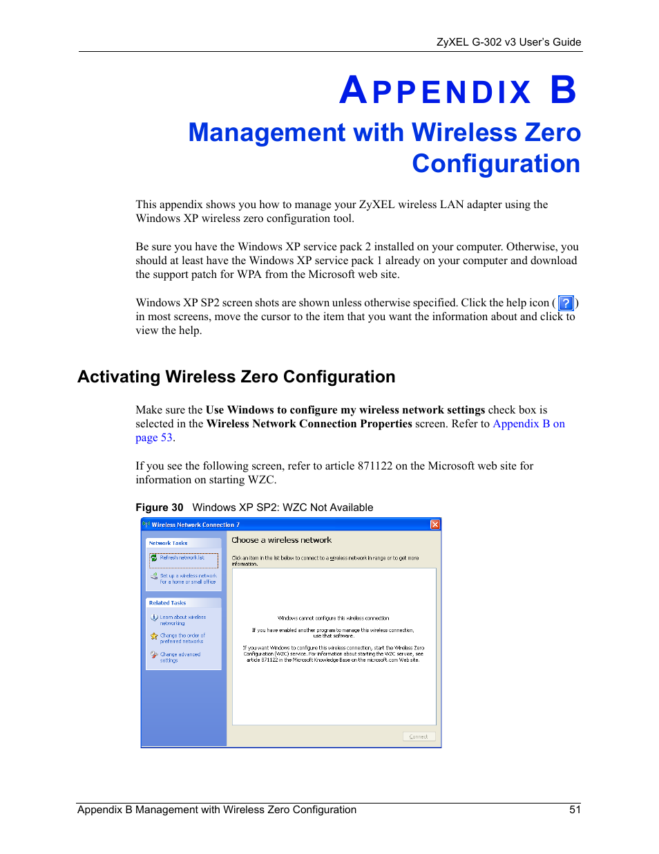 Management with wireless zero configuration, Activating wireless zero configuration, Figure 30 windows xp sp2: wzc not available | ZyXEL Communications G-302 User Manual | Page 51 / 71