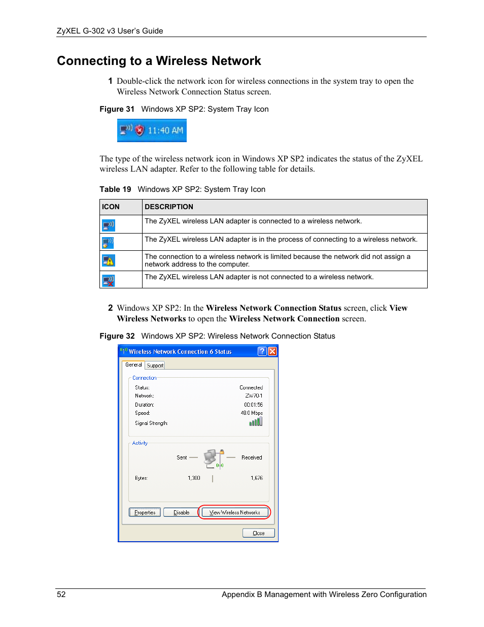 Connecting to a wireless network, Table 19 windows xp sp2: system tray icon | ZyXEL Communications G-302 User Manual | Page 52 / 71