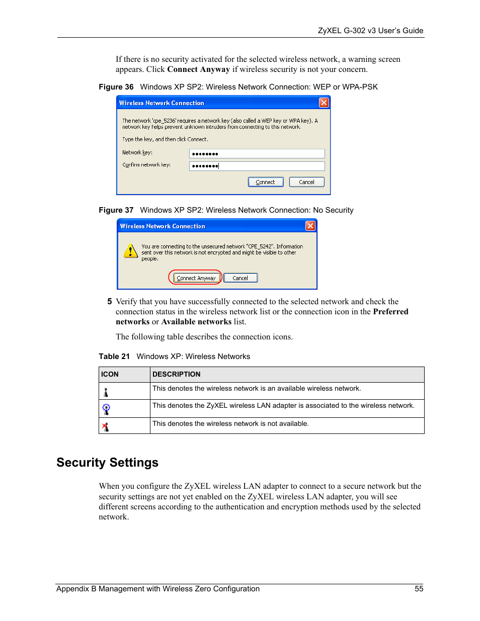 Security settings, Table 21 windows xp: wireless networks | ZyXEL Communications G-302 User Manual | Page 55 / 71