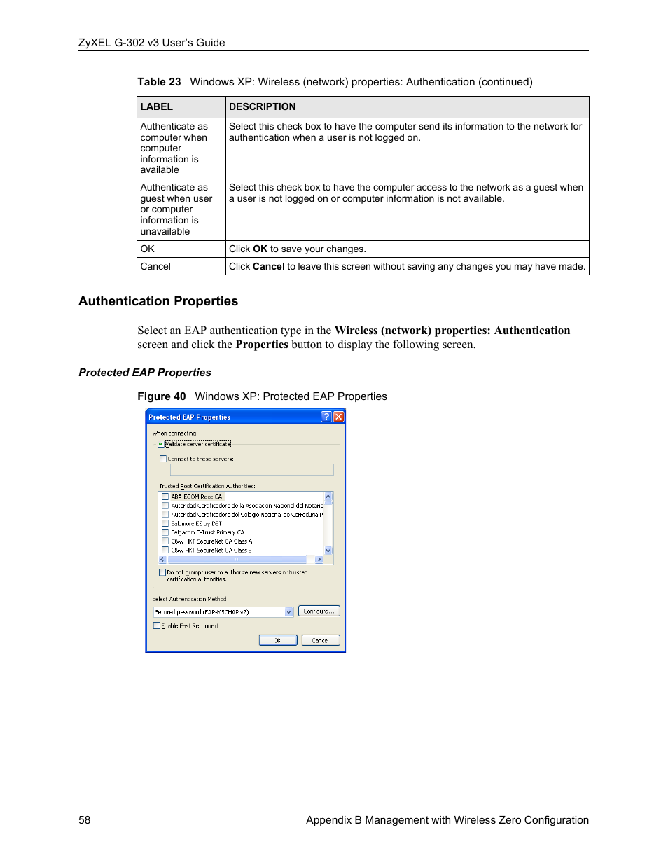 Figure 40 windows xp: protected eap properties, Authentication properties | ZyXEL Communications G-302 User Manual | Page 58 / 71