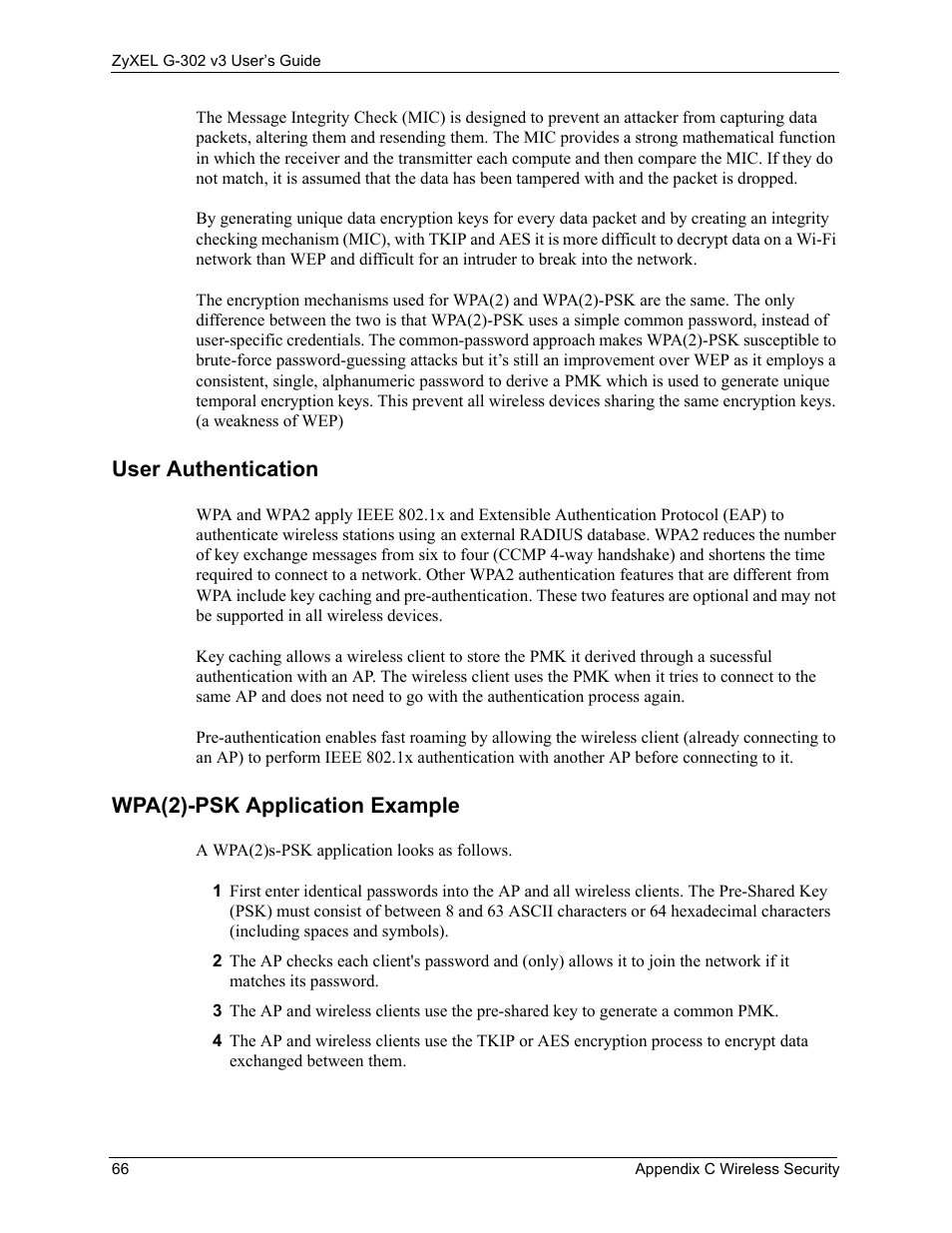 User authentication, Wpa(2)-psk application example | ZyXEL Communications G-302 User Manual | Page 66 / 71