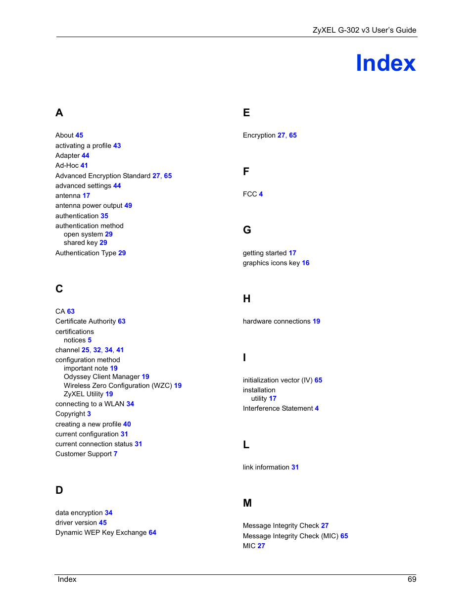 Index | ZyXEL Communications G-302 User Manual | Page 69 / 71