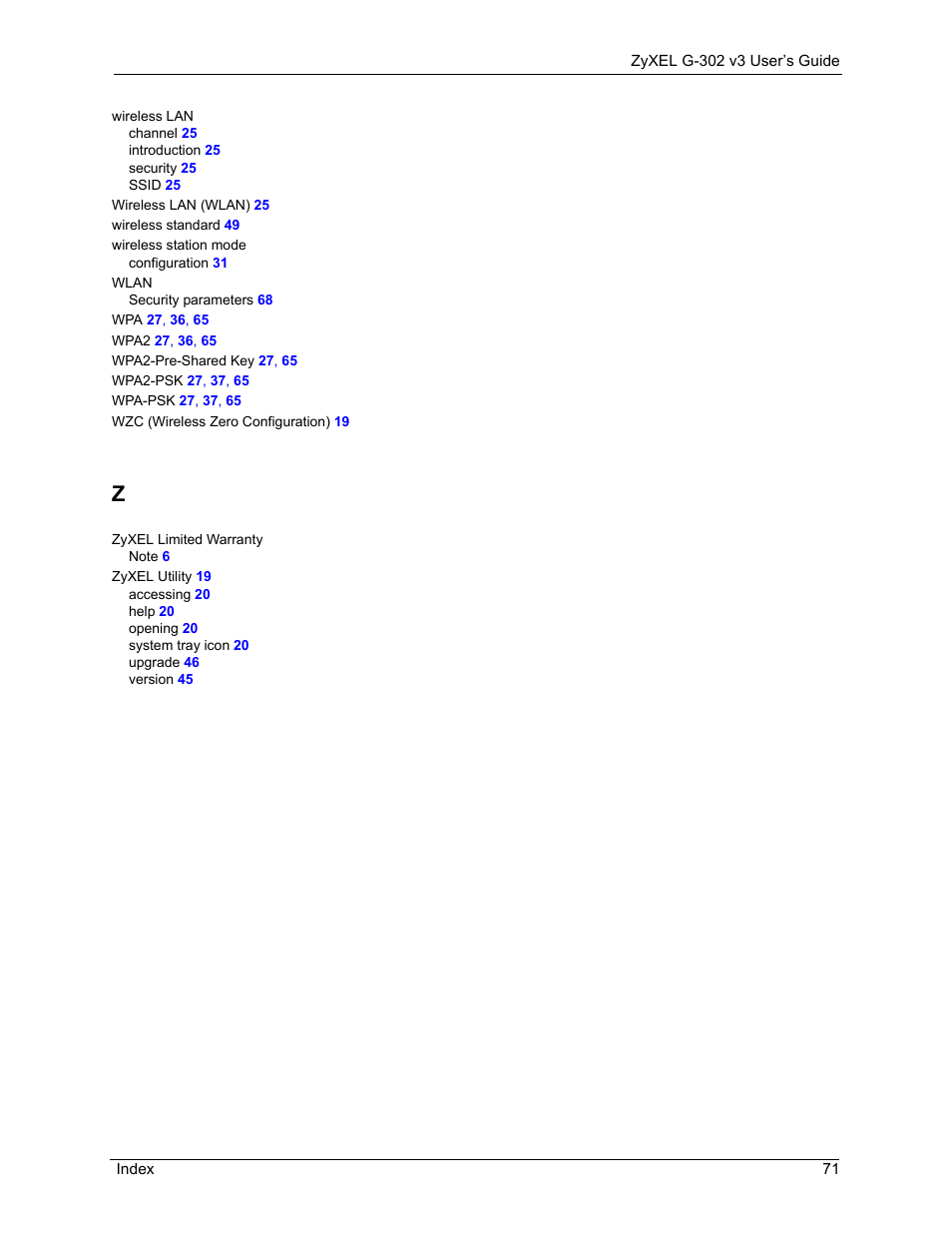 ZyXEL Communications G-302 User Manual | Page 71 / 71