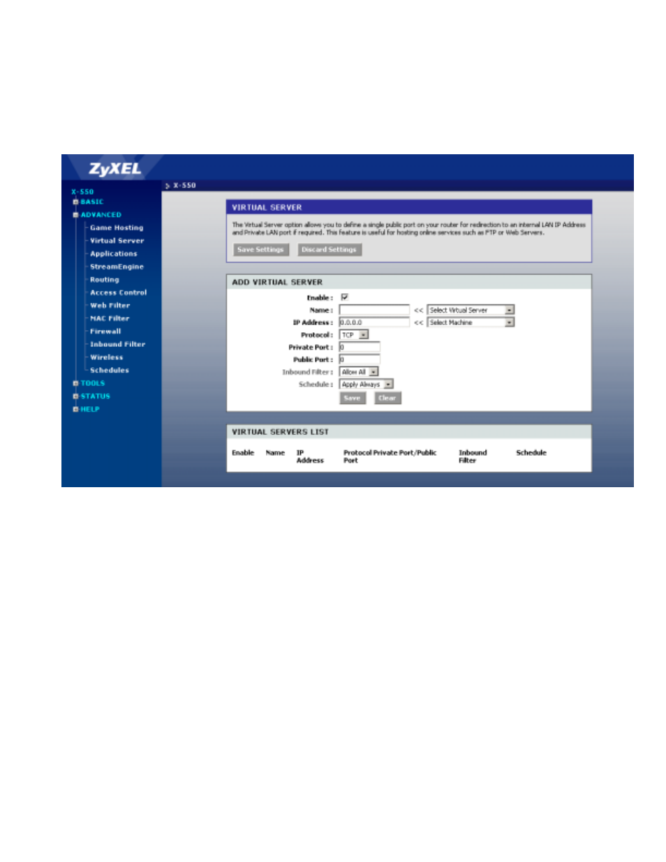 Advanced - virtual server, Advanced - virtual server -15 | ZyXEL Communications ZyXEL XtremeMIMO X-550 User Manual | Page 33 / 76