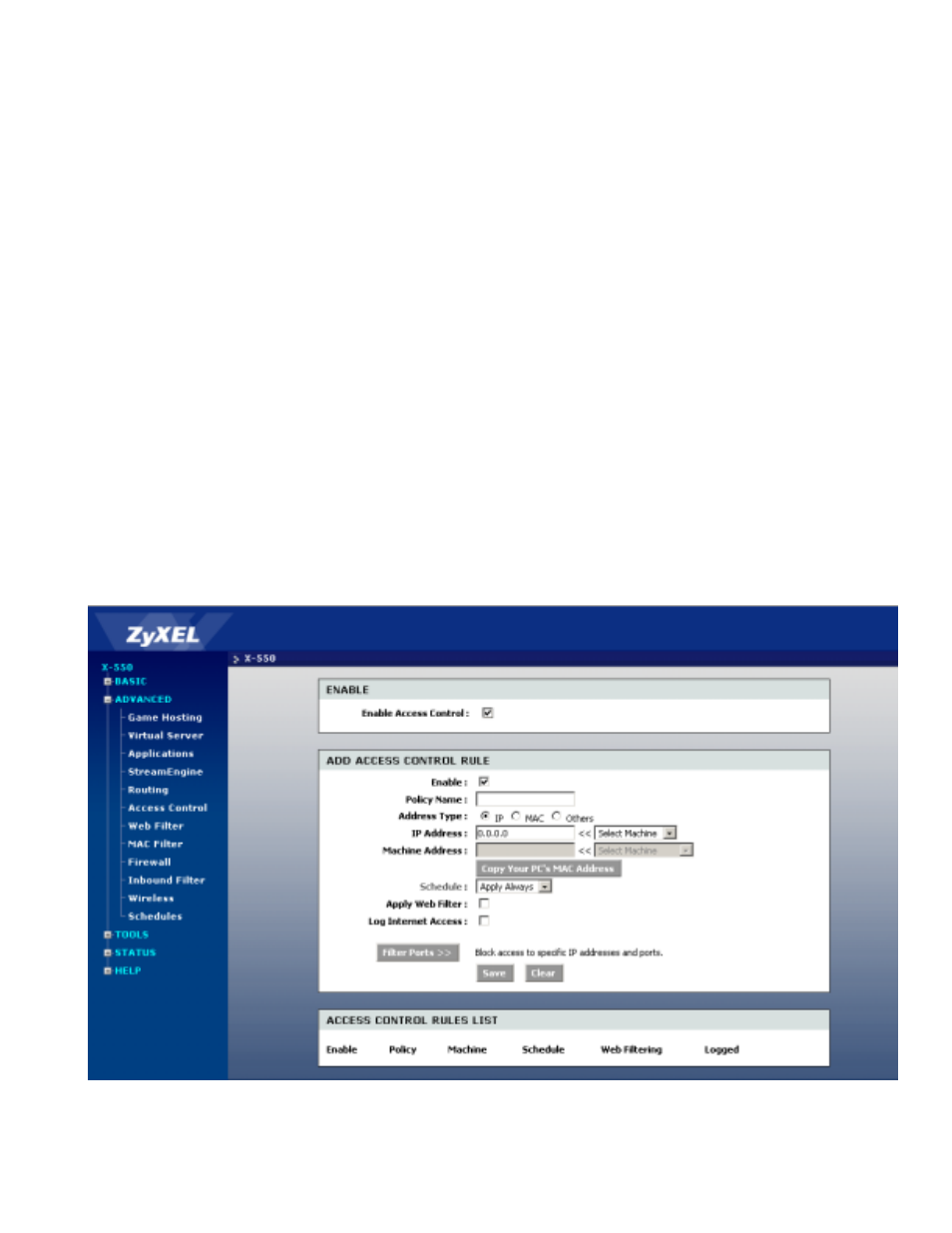 Advanced - access control, Advanced - access control -22 | ZyXEL Communications ZyXEL XtremeMIMO X-550 User Manual | Page 40 / 76