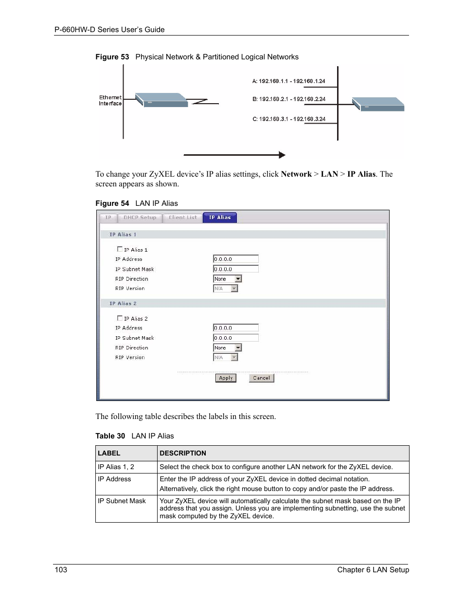 Table 30 lan ip alias | ZyXEL Communications P-660HW-D Series User Manual | Page 104 / 339
